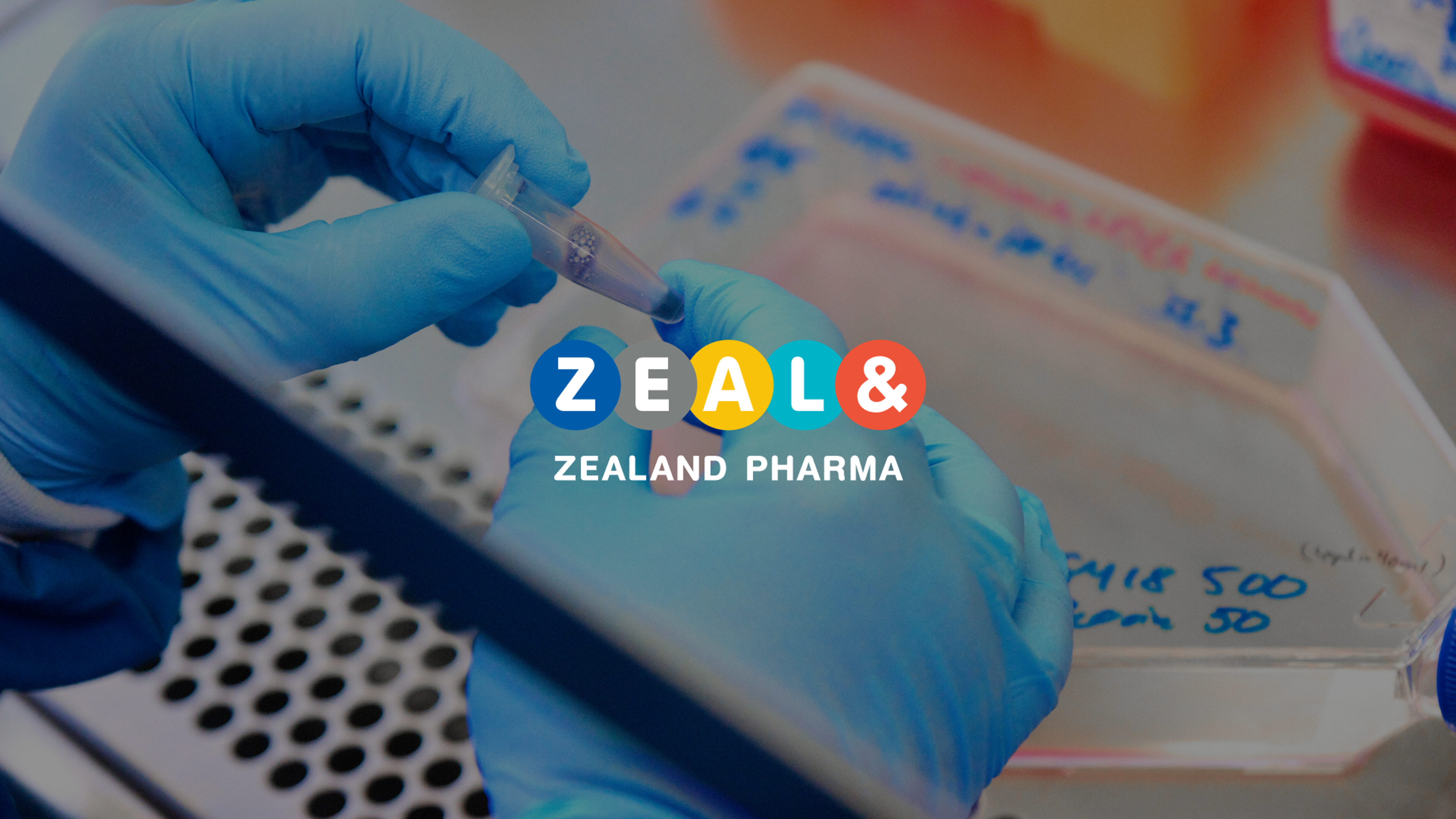 Zealand Pharma lab technician photo of hands holding a test tube