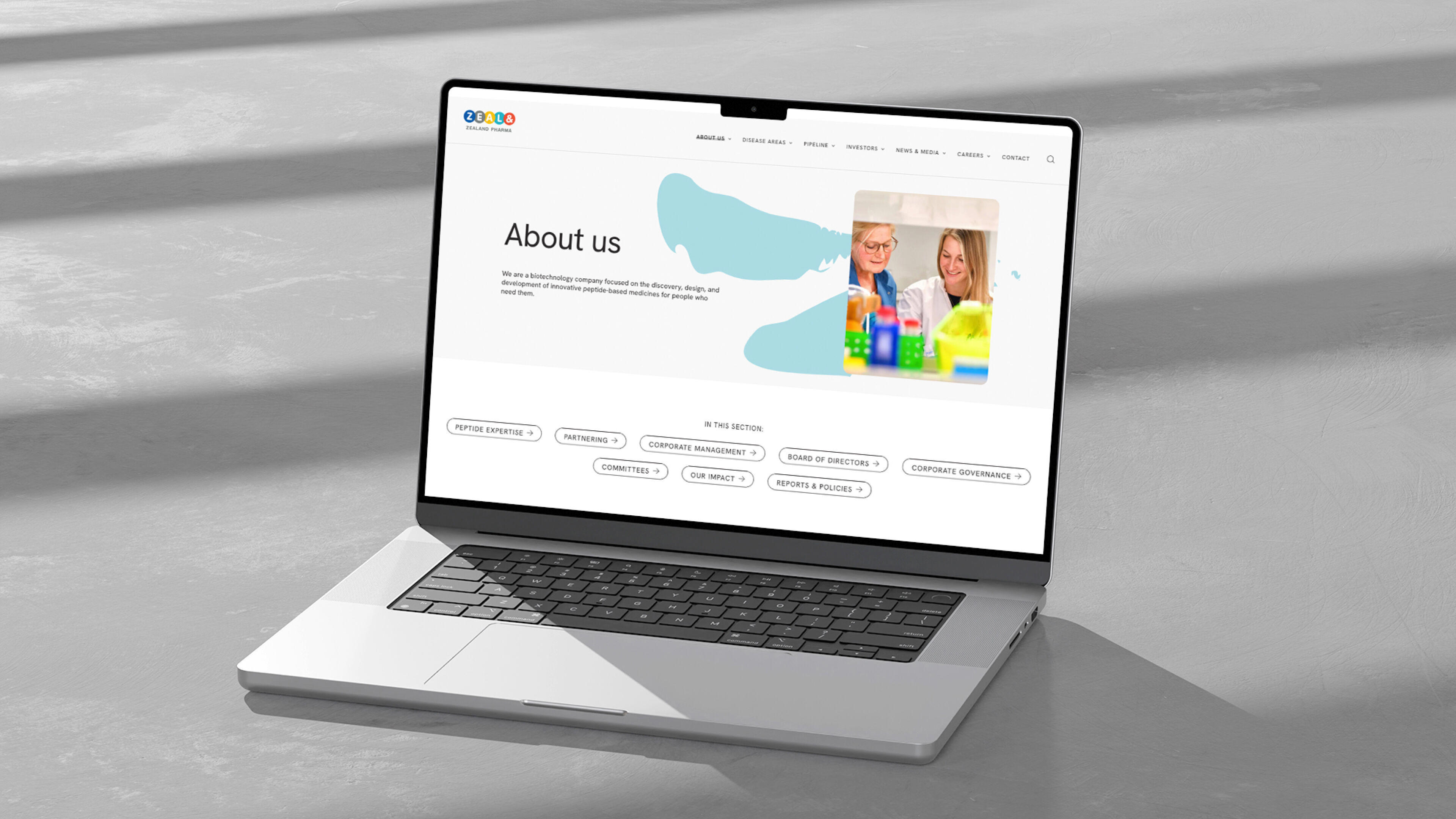 Zealand Pharma new website on a laptop screen