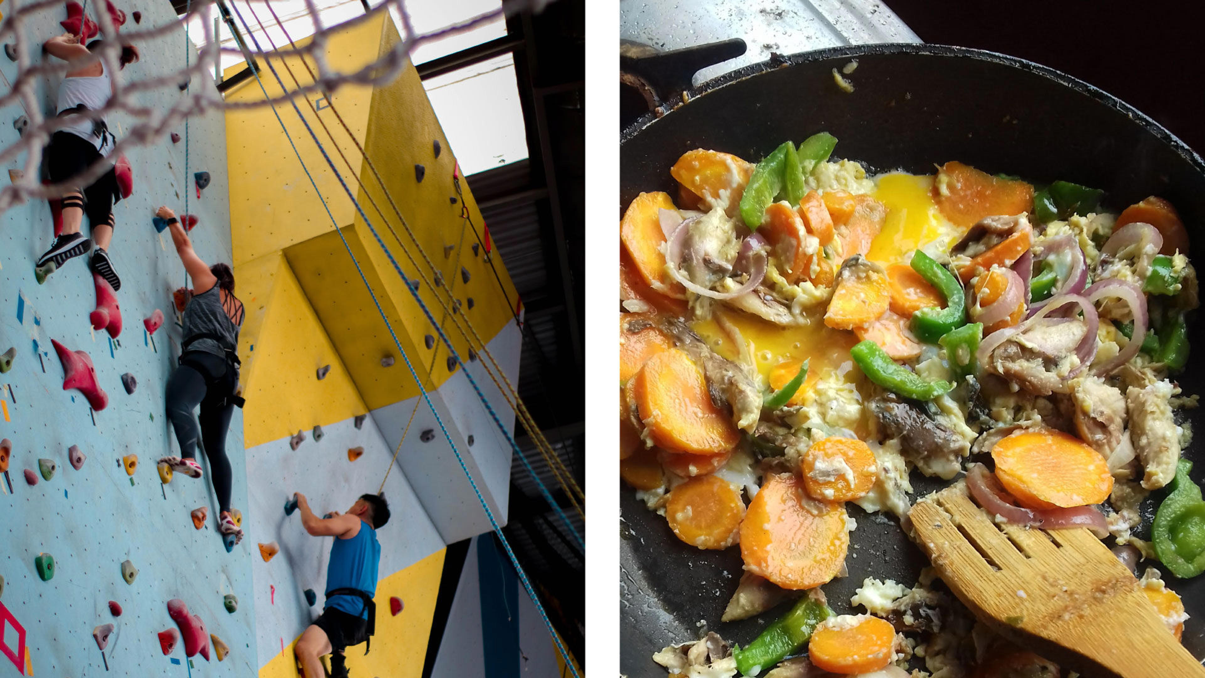 Climbing wall and a frying pan of food